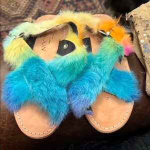 Colorful Rabbit Fur & Leather Sandals